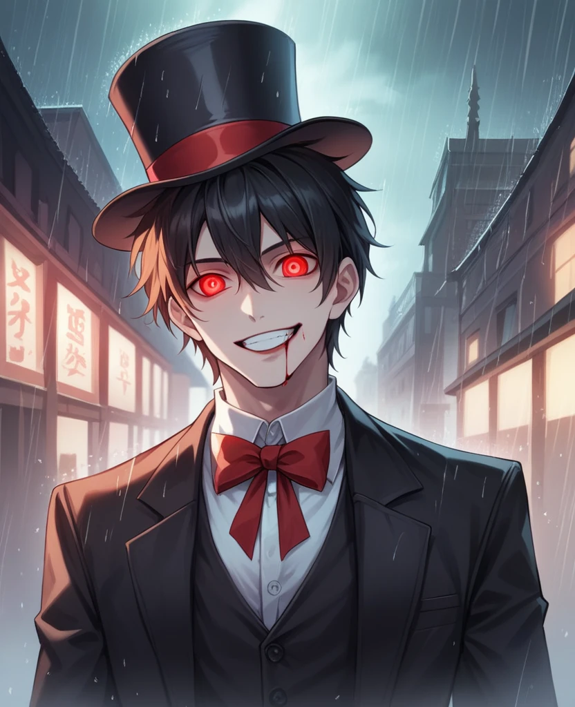  (black_hair), (red_Blood_eyes), (detailed_eyes), (crazy_smile), (attractive), (night_city_background), (raining), (glowing_eyes), (male), (wearing _a_black_suit), (long_male_hair), (detailed_Hair), (detailed), (detailed_mouth), wears a black top hat with a red ribbon edged trim,