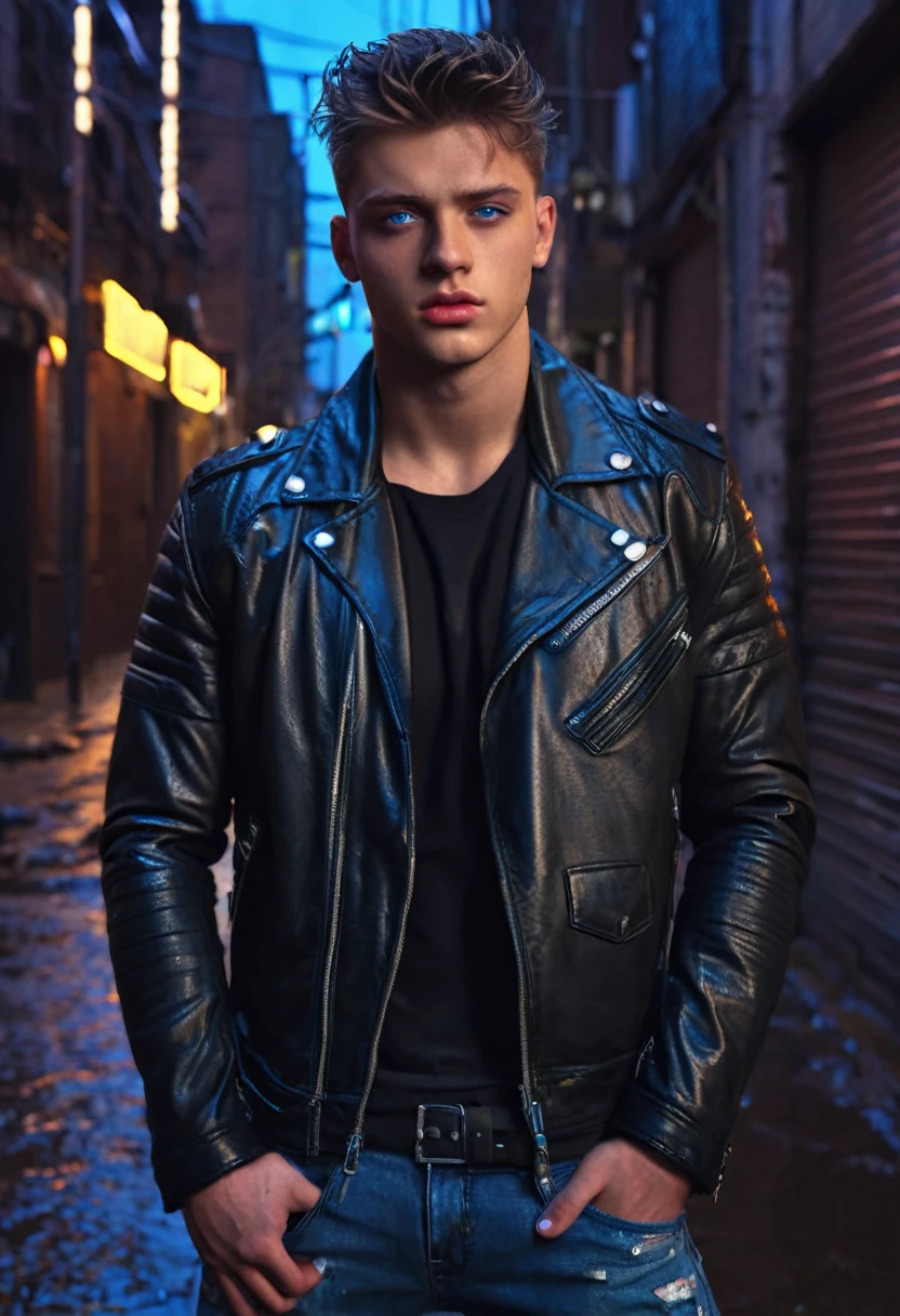 a 17 year old handsome bad boy, detailed face, striking blue eyes, messy brown hair, sensual lips, muscular physique, tight black leather jacket, ripped jeans, standing in a gritty urban city alleyway, neon lights, moody lighting, photorealistic, cinematic, 8k, (best quality,4k,8k,highres,masterpiece:1.2),ultra-detailed,(realistic,photorealistic,photo-realistic:1.37)