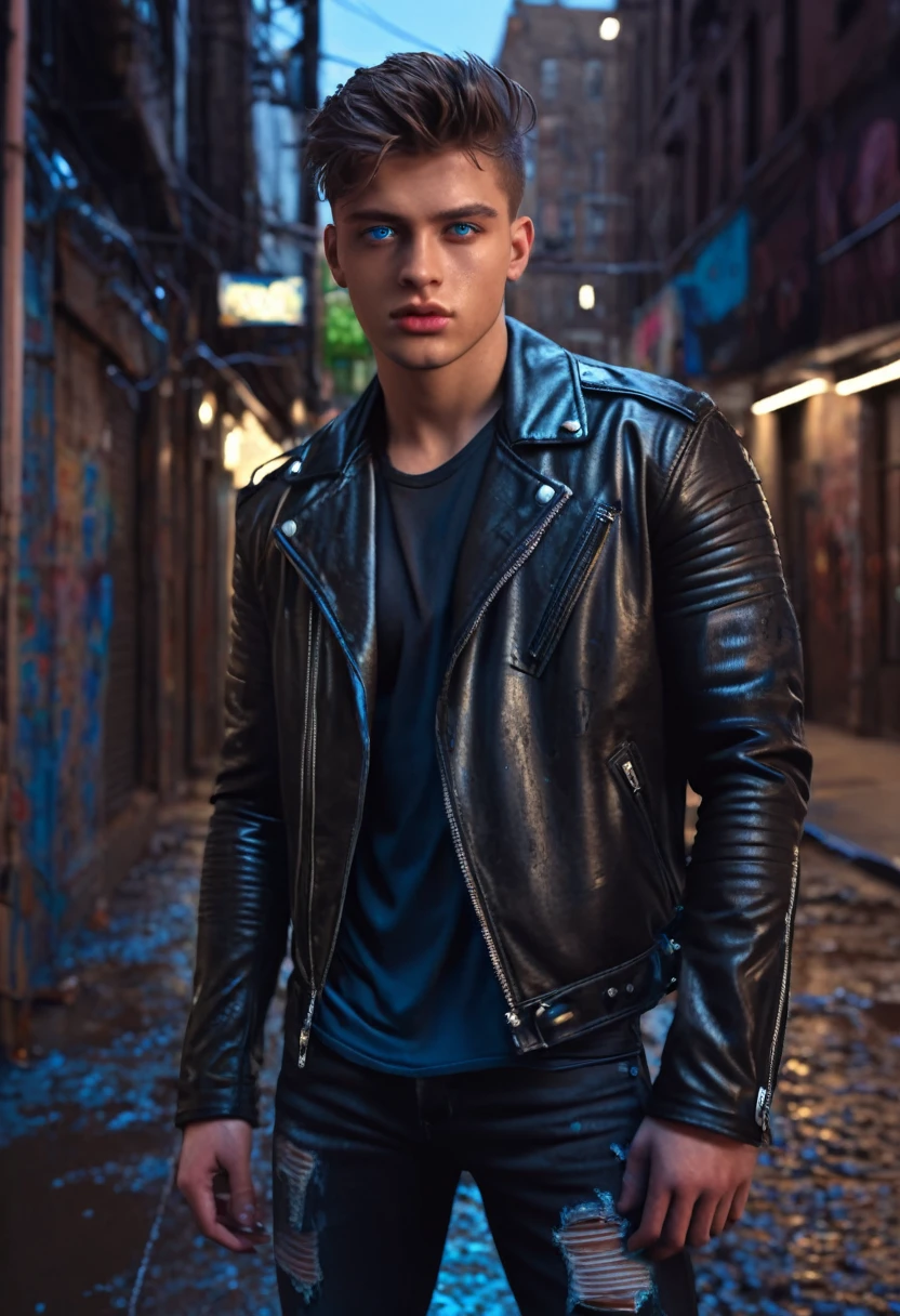 a 17 year old handsome bad boy, detailed face, striking blue eyes, messy brown hair, sensual lips, muscular physique, tight black leather jacket, ripped jeans, standing in a gritty urban city alleyway, neon lights, moody lighting, photorealistic, cinematic, 8k, (best quality,4k,8k,highres,masterpiece:1.2),ultra-detailed,(realistic,photorealistic,photo-realistic:1.37)