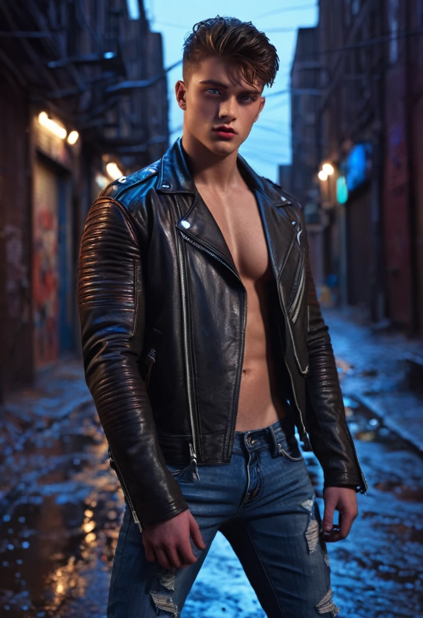 a 17 year old handsome bad boy, detailed face, striking blue eyes, messy brown hair, sensual lips, muscular physique, tight black leather jacket, ripped jeans, standing in a gritty urban city alleyway, neon lights, moody lighting, photorealistic, cinematic, 8k, (best quality,4k,8k,highres,masterpiece:1.2),ultra-detailed,(realistic,photorealistic,photo-realistic:1.37)