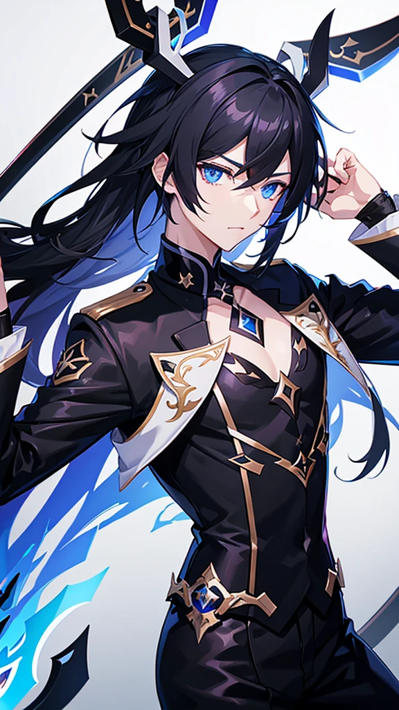 Honkai impact male black hair and blue eyes and swords and black clothes