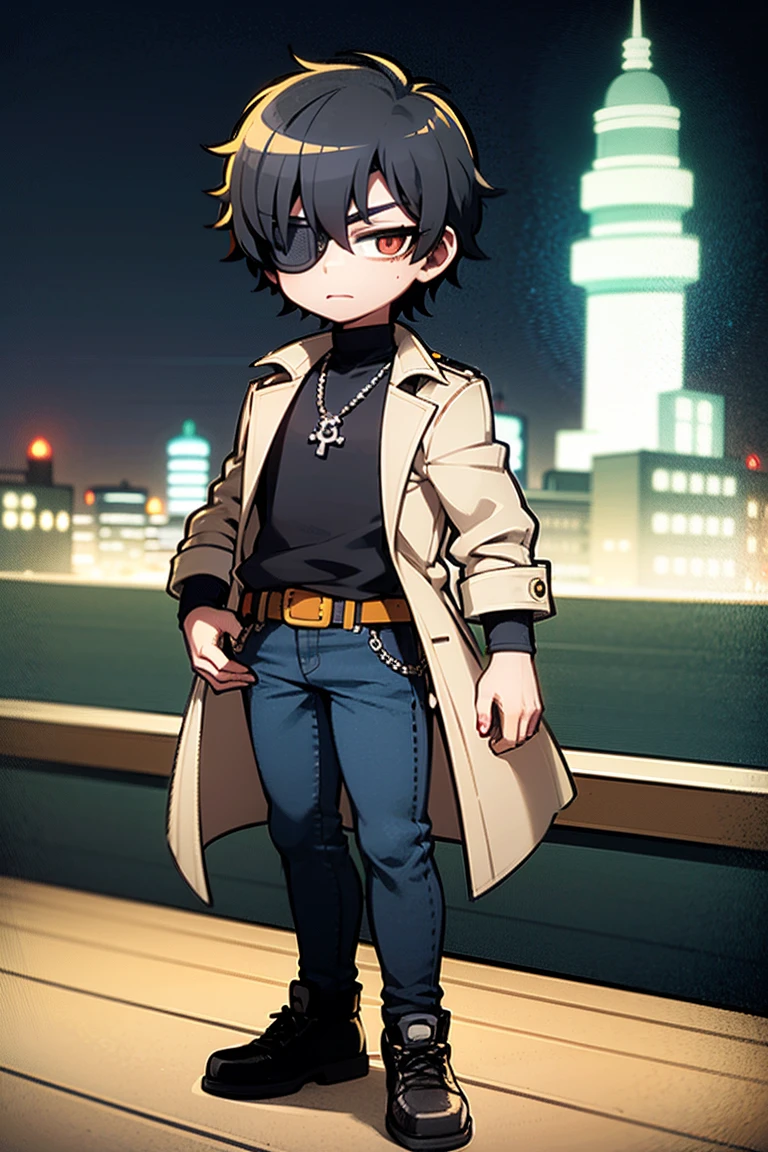 ((illustration)), (best quality)), ((masterpiece)), (detailed), ((night)), teenager, solo, 1boy, male focus, black trench coat, black hair: 2, spiky hair, jeans, rubber shoes, cityscape, lineart, thick lines, itadori, itadori_yuuji, hair bangs, muscular, turtleneck, eyepatch,