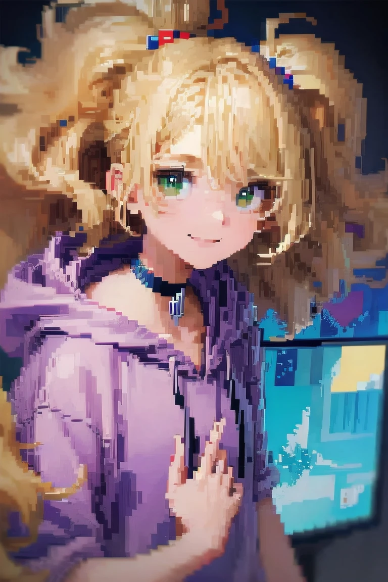 ((In the style of pixel art)), pixel, 4 bit pixel art, One girl, prospect, Only the face, Cabello Beige, Blonde, Green Eyes, smile, choker, Loose hoodie, Hoodie print, Black Hoodie, Big furry hair, Big Hair, Wavy Hair, Very long hair, 公式pixelアート, Nothing absurd, Watching the audience, Solo Focus, Dynamic Angle, lower one's head, Simple Background, Gray background, Ultra detailed pixel art