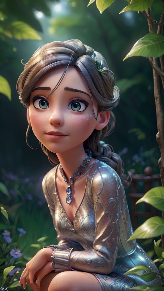 a beautiful woman sitting in a lush garden, time has stopped, the clocks have frozen, colorful spider webs dance in the air, silver fish-like leaves float around, intricate surreal dreamscape, highly detailed, cinematic lighting, moody colors, dramatic atmosphere, (best quality,4k,8k,highres,masterpiece:1.2),ultra-detailed,(realistic,photorealistic,photo-realistic:1.37),stunning portrait,dramatic lighting,detailed face and eyes,elegant pose,magical realism,fantasy,surreal