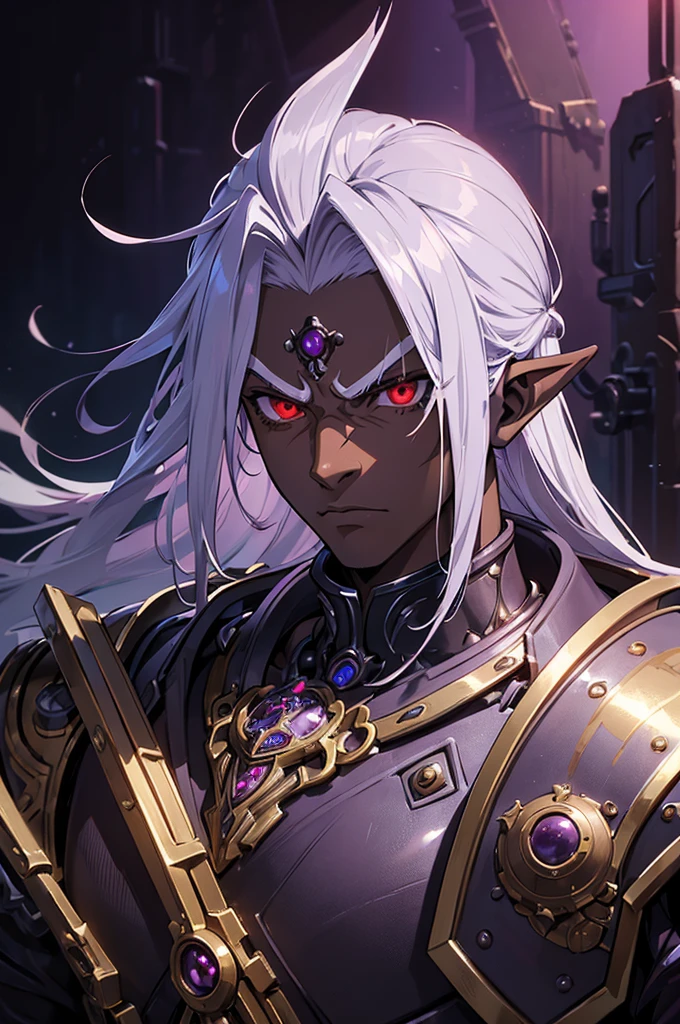 ((best quality)), ((masterpiece)), (detailed), ((boy)), ((mechanical armor)), (dungeonpunk),(steampunk), (serious), dark skinned, human, upper body, portrait, red eyes, long white hair, Xemnas from Kingdom Hearts, half-drow, pointy ears, serious face, dramatic lighting, purple hue, art by Kinema Citrus