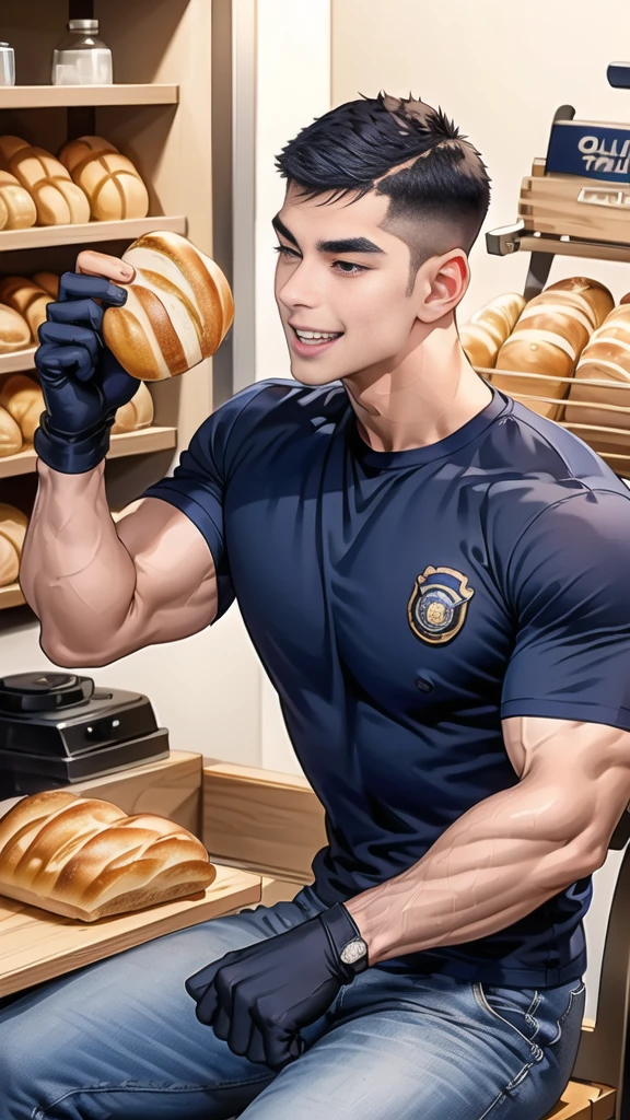 (handsome Man sitting on table eating bread ),(crew cut short hair:1.8),black eye,(Wear a fitted round neck t-shirt in navy with a police badge.:1.5),(fit neck),Navy blue jeans,(black_gloves:1.2), Korean guy,chest muscles,large arm muscles,blood vessel,Big muscles,Broad shoulders, (open mouth:1.2),(face up:1.2),(open eyes:1.5), middle of the road,smile, In the bread shop,