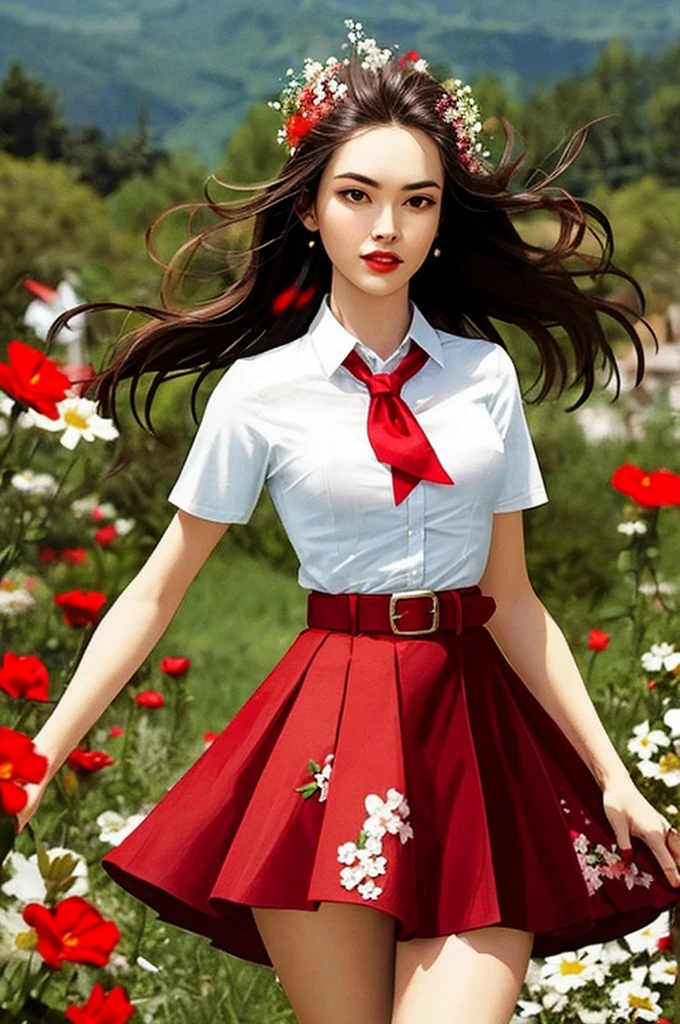 A skirt with a red belt and a white top with flowers on it