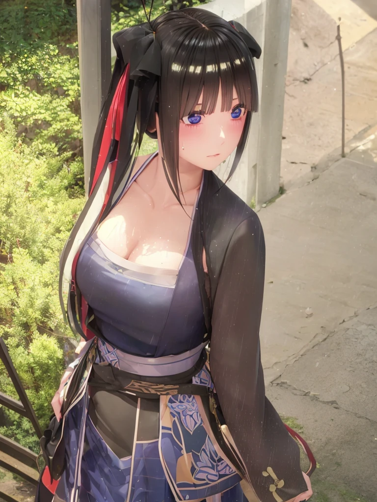 Nino nanaco、short hair, Twin tails、 blue eyes, hair ornaments, Hair Ribbon, blunt , Both sides up, butterfly hair ornaments, skirt, No sleeve、Random color see-through kunoichi costume、Japanese see-through female samurai costume、See-through female ninja costume,, Open clothes, Collared dress emphasizes cleavage、胸の谷間のSweat is noticeable、Professional lighting light reflection、 looking at viewer, (masterpiece:1.2), Highest quality, High resolution, unity 8k wallpaper, (figure:0.8), (Beautiful fine details:1.6), Highly detailed face, Perfect lighting, Highly detailed CG, (Perfect hands, Perfect Anatomy),heavy rain、heavy rainで全身びしょ濡れ、heavy rainで全身びしょ濡れの服、High heels、 ((Perfect handsの形))、(Perfect foot shape、Embarrassed expression、blush、Gestures to seduce a man、Shining Sweat、Perfect Skin,Sweat is noticeable、太もものSweat is noticeable、 Fair skin,Tight waist, Sweating profusely、Sweaty hair、Sweaty clothes、Sweaty、Visible sweat、rain-wet hair、A vast Western church with stained glass windows