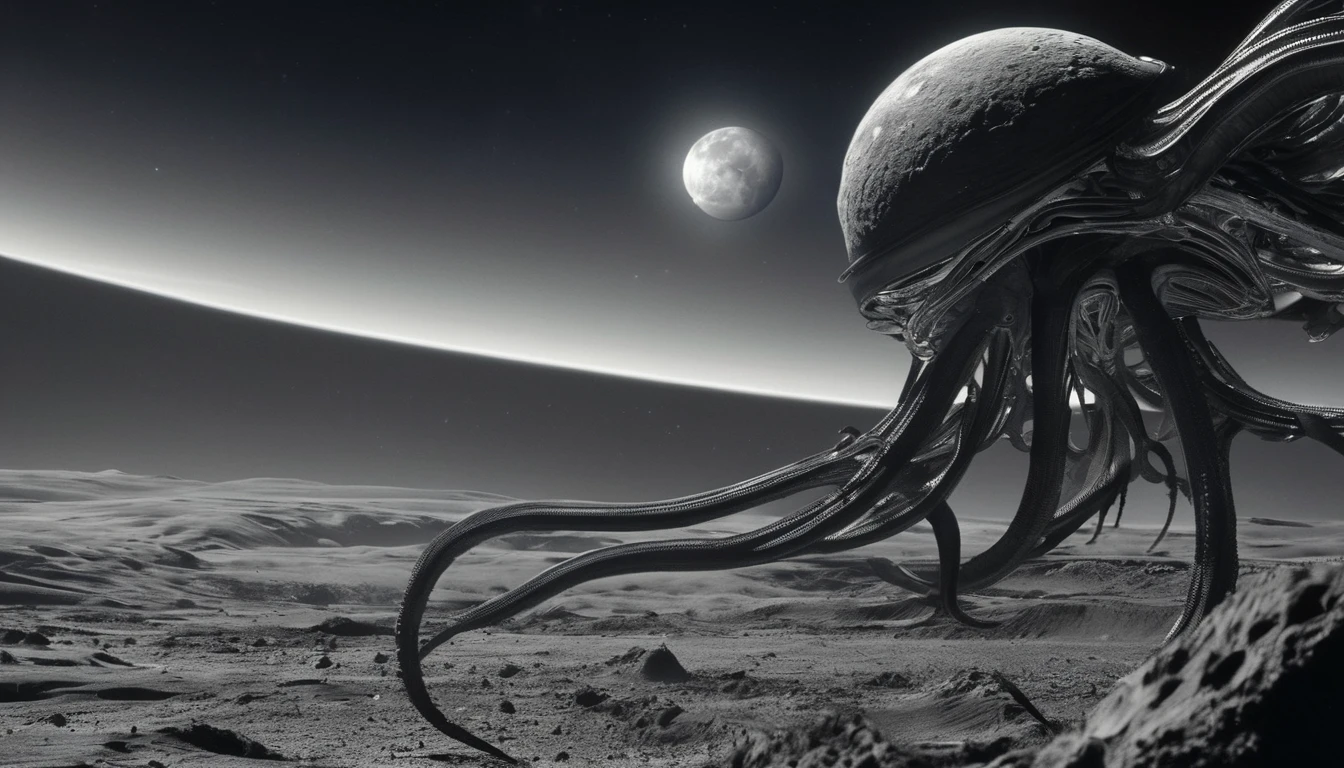 H. R. gieger planet, intricate gieger detail, movie still, nasa footage, planet with gieger detail, ridley scott film, film footage, planet with unusual surface, xenomorph planet, celestial body, anatomy, ribs, tentacles wrapped around a planet, appendage, tentacle planet, octopus xenomorph planet, knots, outer space, moon, saturn