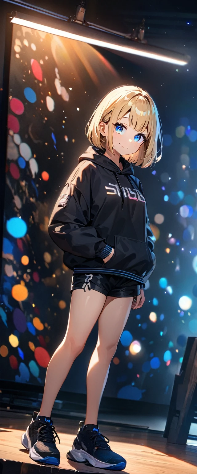 (((One girl))), blond hair, bob cut, (full body), (looking at viewer), breasts, ager, head tilt:1.3, (((blue eye))), (from side), hand in pocket, ((happy smile)), black hoodie, black shorts, anime style, (best quality, 4k, 8k, highres, masterpiece:1.2, ultra-detailed, ultra-detailed eyes, HDR, UHD, studio lighting, ultra-fine painting, sharp focus, physically-based rendering, extreme detail description, professional, vivid colors, bokeh)
