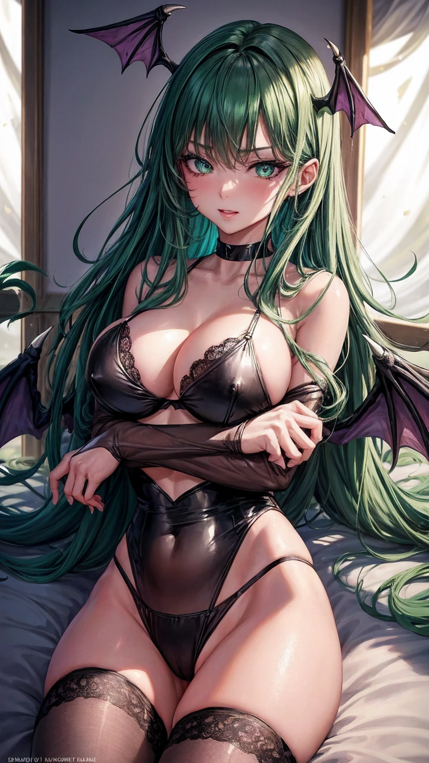 1 adult woman, Mature Woman, Official art, the Extremely Detailed CG Unity 8K Wallpapers, Perfect Lighting, Colorful, facial portrait, Sexy mood, breasts, Bangs, Diabolical_girl, Head_Wings, animal_print, pantyhose, Bat_Wings,  Bare_shoulders, cleavage, Large_breasts, Black_Wings, long, bright green hair, Green eyes with long slit pupils, Black lingerie, Black sheer see through 
 panties, garterbelt with Black stocking, Lying in a bed with legs spread wide open, Bedroom, Wet, Drenched, Nipples sticking out from under the bikini, nipple see through bra, tight pussy, gloat, Make eye contact with the camera,