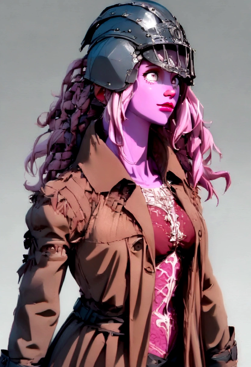 Girl with pink hair and pink skin, whole body, with trench coat, with helmet-shaped viscera, medieval style