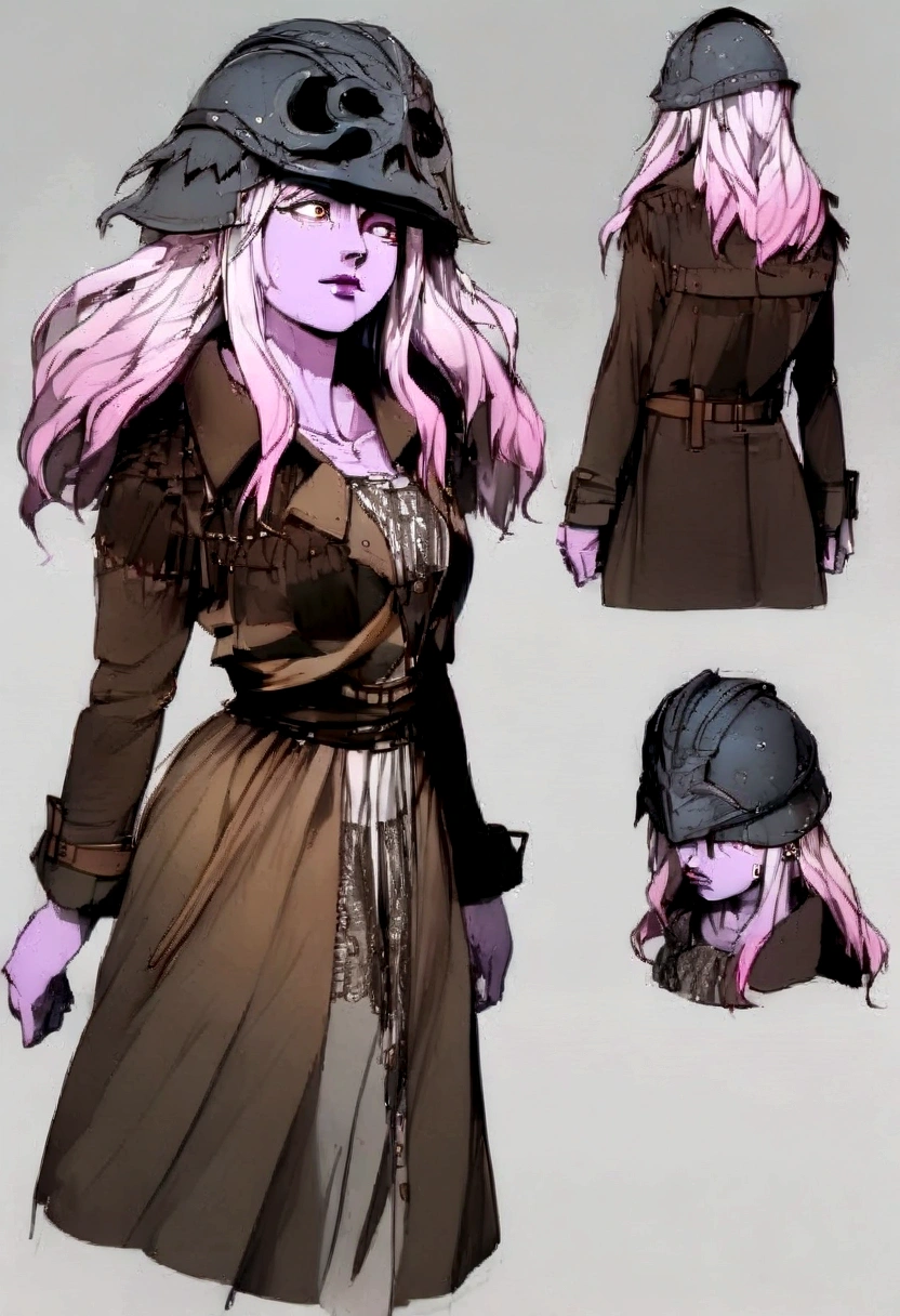 Girl with pink hair and pink skin, whole body, with trench coat, with helmet-shaped viscera, medieval style