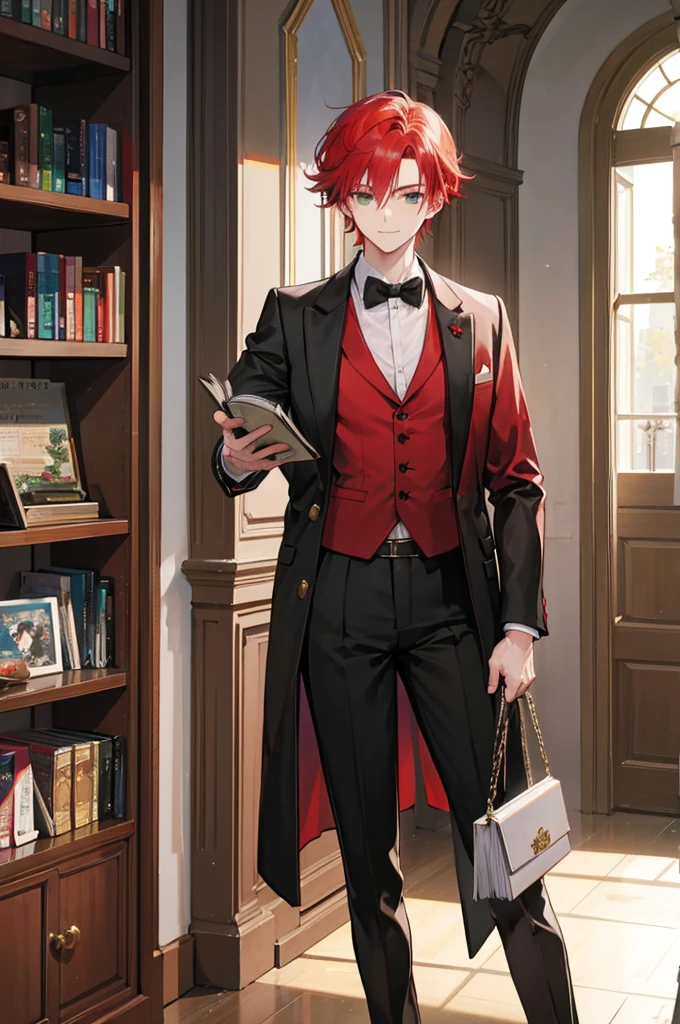 26-year-old man, red hair in different shades and emerald eyes, dressed elegantly casually with a book in his hands and a slight smile on his face.