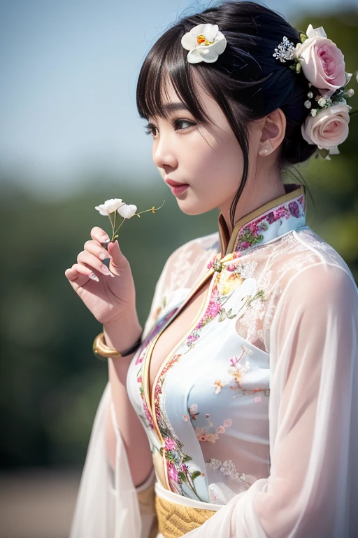 (8K, hyper-high detail, gorgeous chinese lady, ample round bosom, beautiful detailed face, cheerfulness, short hair, alluring hairstyle, Detailed eyes, Detailed lips, Chinese Hanfu, Lace, wearing jewellery, bokeh background, Flowers, morning, snowing, head to knees, side shot)