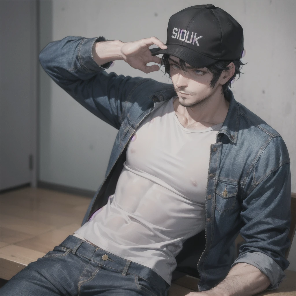 30-year-old man, tired eyes and dark circles, dark-skinned, tattered clothes, gray shirt, blue pants, black hat, muscular, drunk.