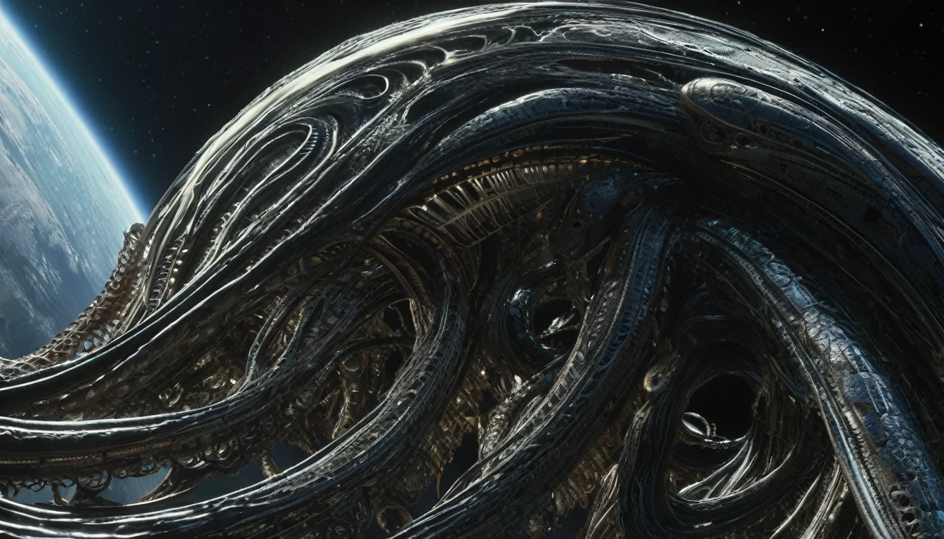 H. R. gieger planet, intricate gieger detail, movie still, nasa footage, planet with gieger detail, ridley scott film, film footage, planet with unusual surface, xenomorph planet, celestial body, anatomy, ribs, tentacles wrapped around a planet, appendage, tentacle planet, octopus xenomorph planet