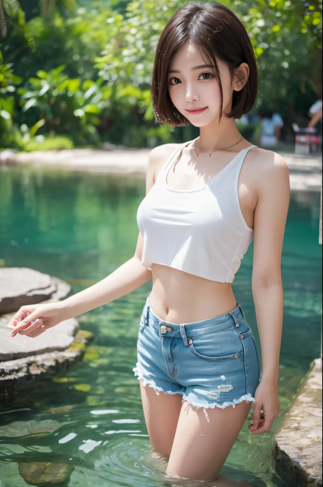 8K high quality，1 pretty girl，Complete limbs，Full Finger，Short Bob，Shorts，Wet tank top from playing in the water，Summer Park，