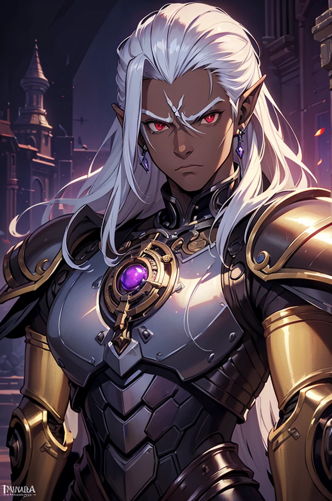 ((best quality)), ((masterpiece)), (detailed), ((boy)), ((mechanical armor)), (dungeonpunk),(steampunk), (serious), dark skinned, human, upper body, portrait, red eyes, long white hair, Xemnas from Kingdom Hearts, half-drow, pointy ears, serious face, dramatic lighting, purple hue, art by Kinema Citrus