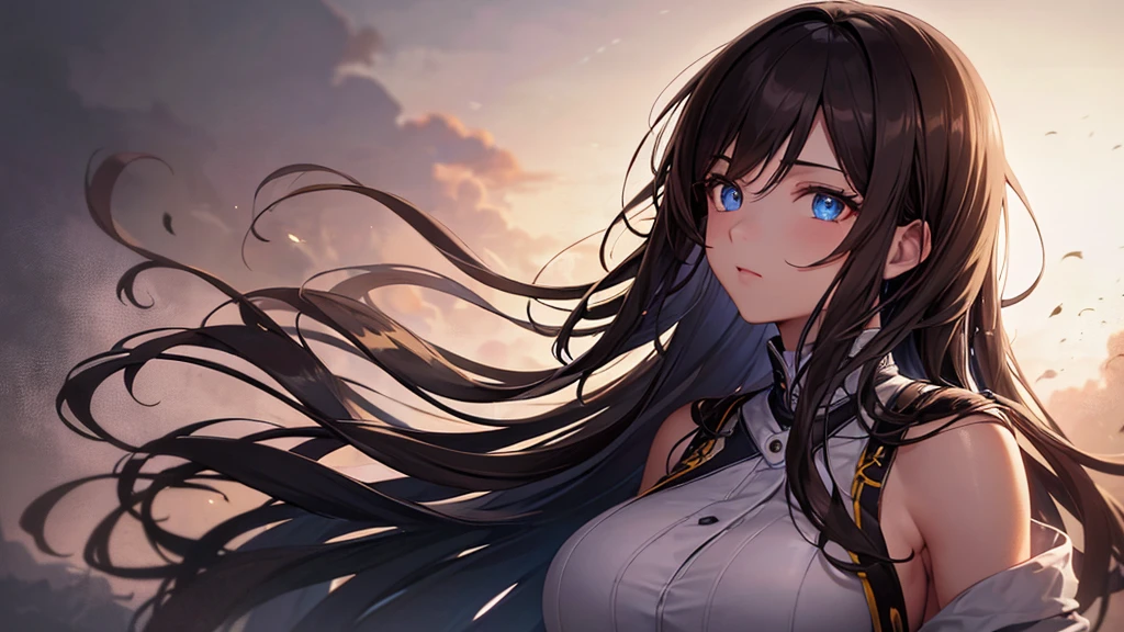 Highest quality, 8K, 4K, High resolution, High Contrast, The upper body is visible,1girl,only,Dark brown hair,Straight Long Hair,(Beautifully detailed face),Blue, clear eyes,Upper Eye,She has big breasts,20generation,Shorts, Open jacket