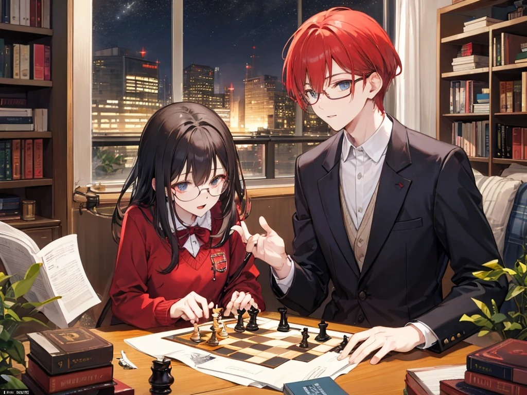 A redhead woman and a dark-haired, slim man with glasses are happily playing chess at night in a room cluttered with books、Both are 28 years old、


