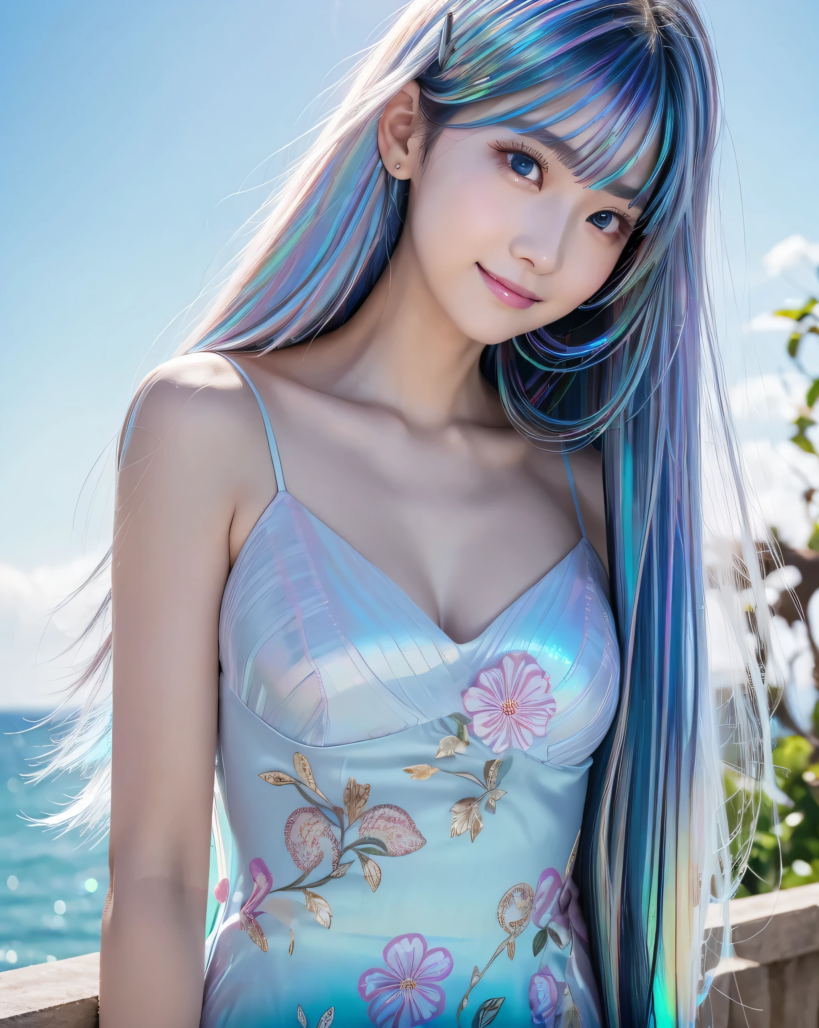 (Highest quality, 32k, High resolution, Masterpiece:1.5, ), marimo_jet, god々A photograph with brilliant dazzling and healing power., Evoking a sense of calm and elusive beauty, Expressing emotions, Have a rich imagination,Beautiful Japanese Girls, An exceptionally beautiful face, Small Face Beauty, Perfect Human Anatomy, Magical big eyes, Motherhood and generosity, Deep Love, fleeting smile, ((Iridescent gradient hair:1.4)), ((Super Long Straight Silk Hair:1.1)), Asymmetrical bangs, Hair between the eyes, Transparent, soft white skin, Sharp eyebrows, Thin lashes, Natural Makeup, Cheek highlighter, Pale pink detailed lips, ((Light blue floral dress:1.3)), High resolution perfect collarbone, High resolution beautiful bust, Slim figure with ample breasts, High resolutionの美しい太もも, ((Detailed blue sky background:1.2)), Professional Lighting, Professional photographer, Professional models, God's Secret