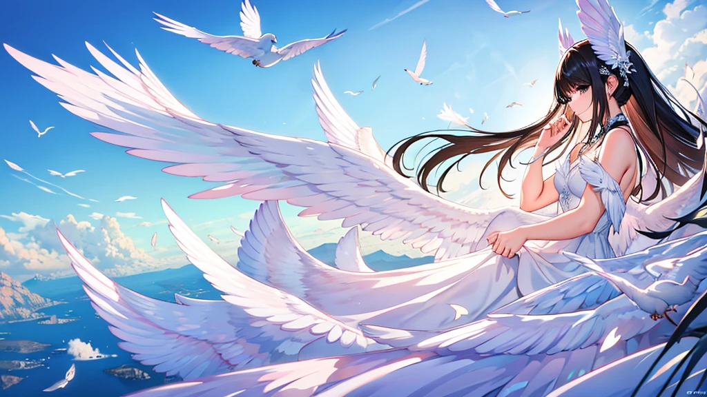 masterpiece, Highest quality, Altosia V4, One girl, alone, White Background, dress, wing, Hello, feathered wing, Angel wing, Angel, multiple wing,