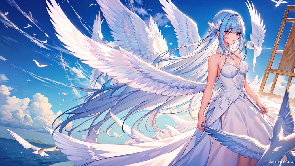 masterpiece, Highest quality, Altosia V4, One girl, alone, White Background, dress, wing, Hello, feathered wing, Angel wing, Angel, multiple wing,