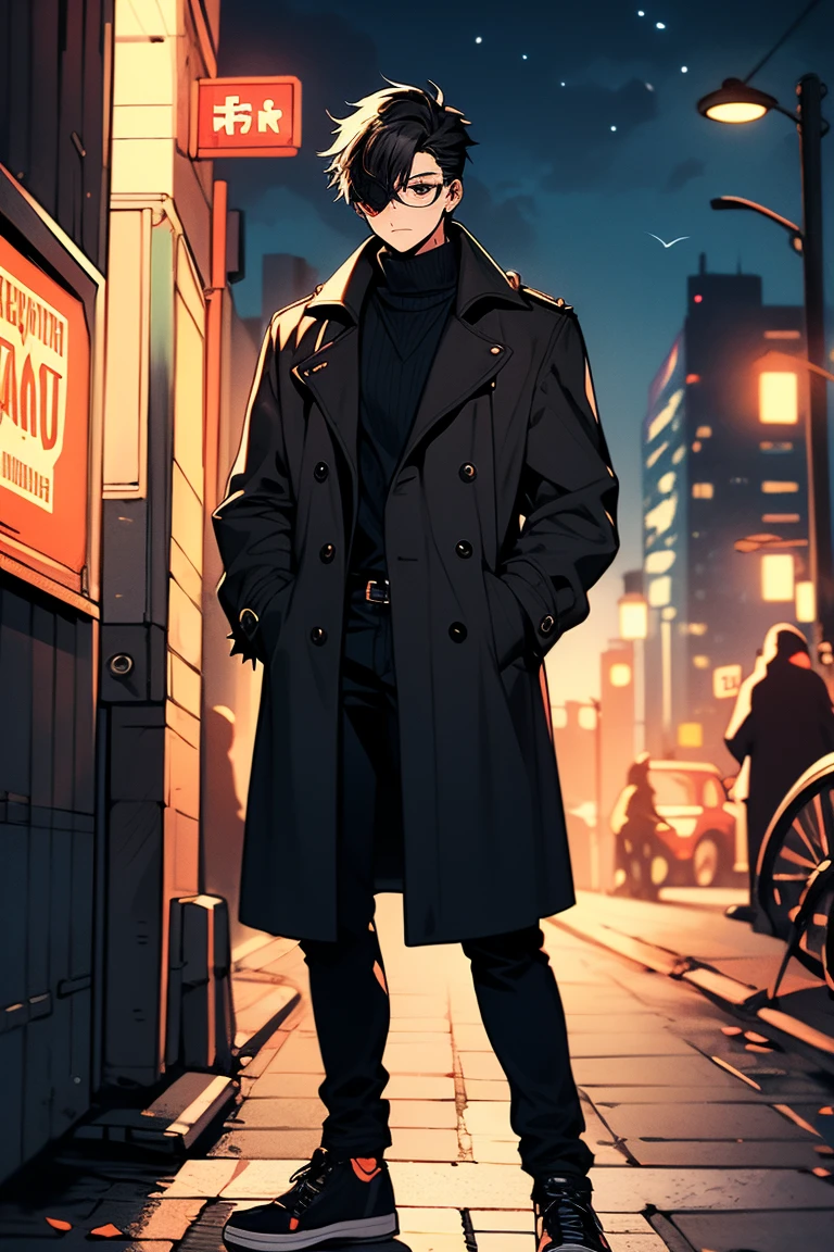((illustration)), (best quality)), ((masterpiece)), (detailed), ((night)), teenager, solo, 1boy, male focus, black trench coat, black hair: 2, spiky hair, jeans, rubber shoes, cityscape, lineart, thick lines, itadori, itadori_yuuji, hair bangs, muscular, turtleneck, eyepatch,