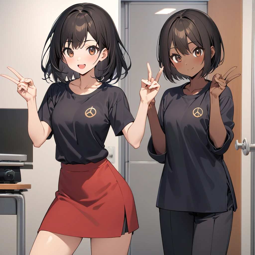 A confident smile, Doing a cute pose,Brown eyes,Brown Skin,two students demonstrating a gesture commonly associated with a peace sign while speaking by 自宅, slacks,, skirt, Black Hair, indoor, smartphone, shirt, ((((complete fiでe fingers))))