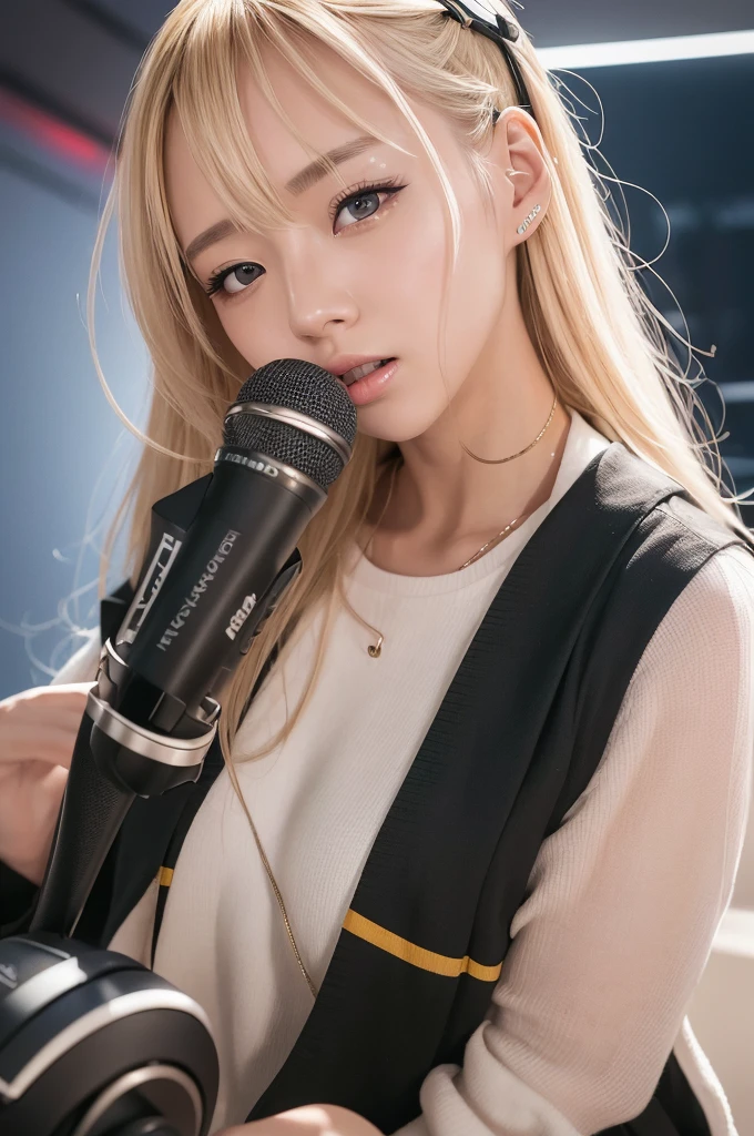 "Blonde Japanese woman, resembling Happy Sakura, elegant and captivating appearance, intricate details, high quality, (luxury:1.4), ultra-realistic 8K, perfect face, beautiful expression, beautiful eyes, blonde hair, model pose, ultra-realistic 4K, highest image quality, natural light, natural background, stylish clothing, professional artwork, modern style, clean and sophisticated look, holding a microphone and singing, female DJ wearing headphones, operating music equipment" "Blurry image, low resolution, unnatural pose, unbalanced face, noise, excessive editing, inappropriate lighting, anime style, cartoon style, non-realistic texture, excessive saturation, artificial expression, abnormal proportions, unnatural background, low-quality details"