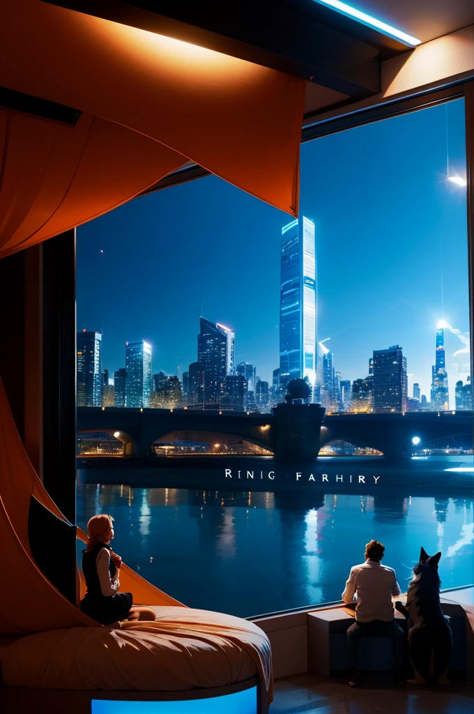 A happy future city where rich people live，Have pets, There are different types of people living together, There is a male protagonist