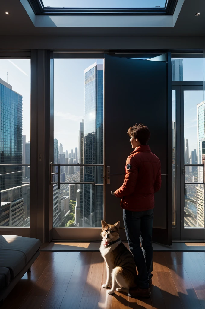 A happy future city where rich people live,Have pets, There are different types of people living together, There is a male protagonist