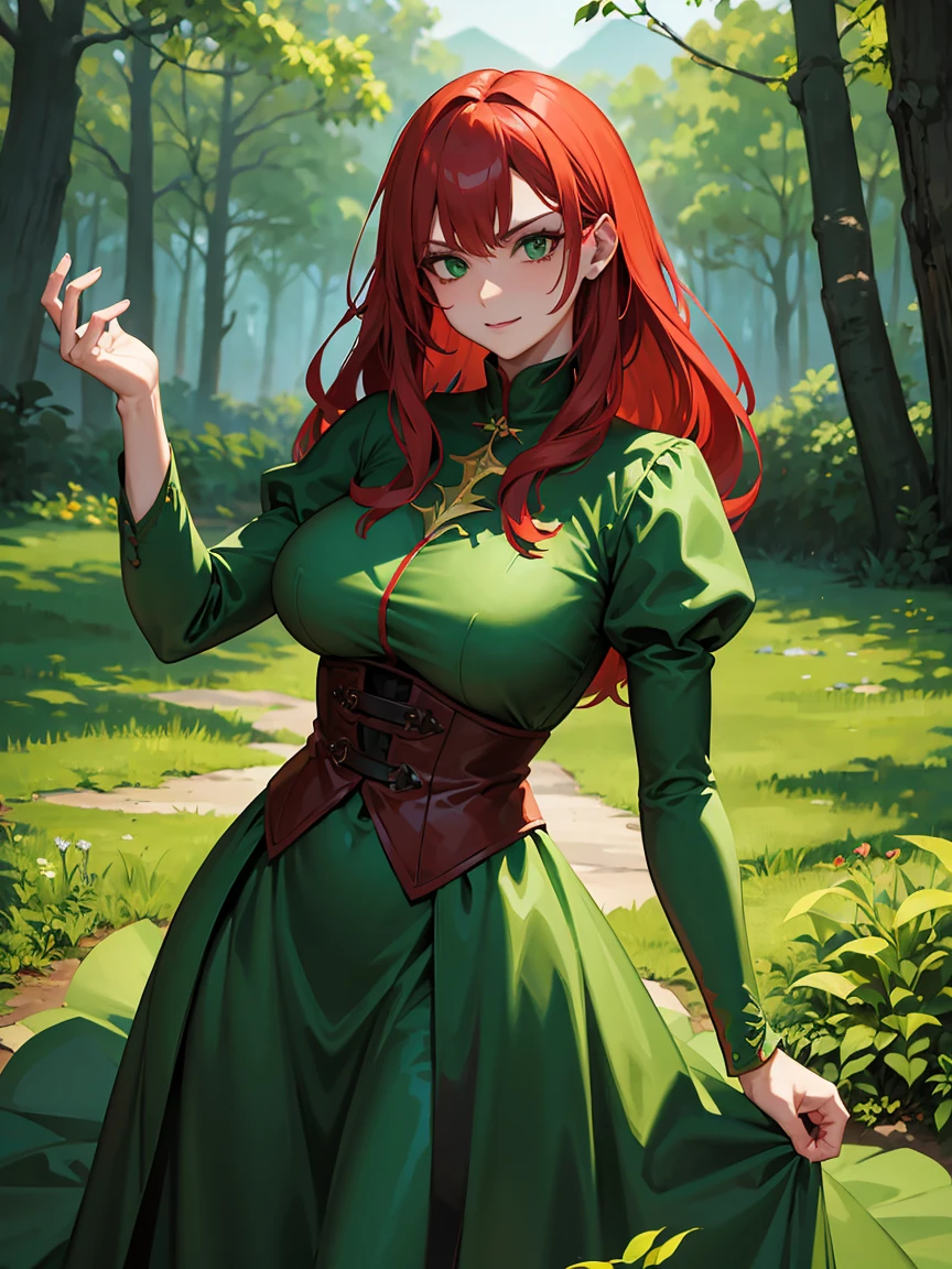 Evil Woman, with tall red hair, green eyes, plants everywhere, forest Background, green outfit
