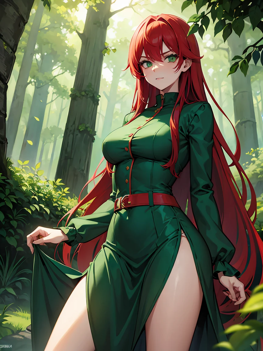 Evil Woman, with tall red hair, green eyes, plants everywhere, forest Background, green outfit