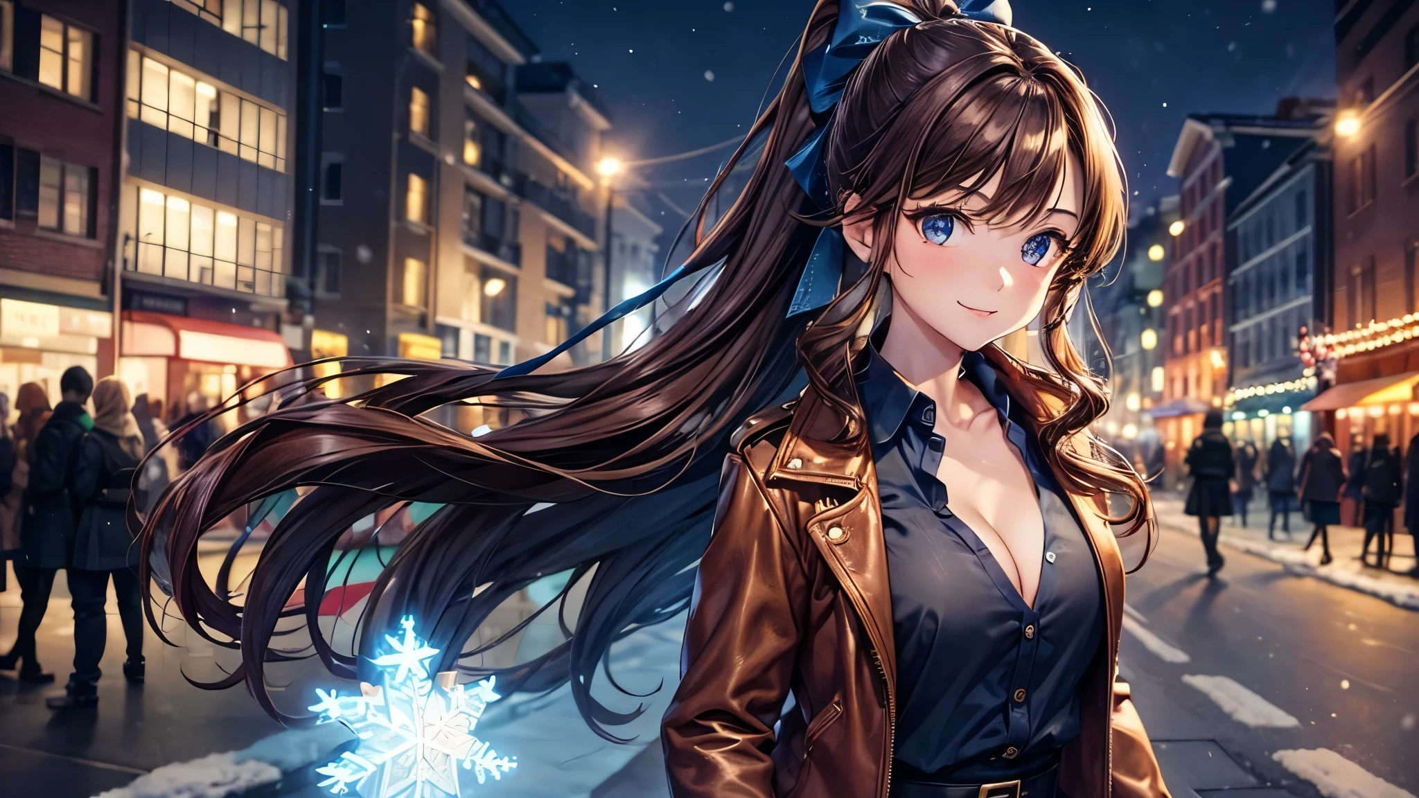 1girl, solo, christmas, ((christmas tree)), street, night, lights, snow, long hair, brown hair, curly hair, ponytail, large full breasts, ((brown leather jacket)), button down shirt, dark blue eyes, ((blue shirt)), ((unbuttoned shirt)), ((long skirt)), smile, ((unbuttoned shirt)), unbuttoning buttons, cleavage 1:3, looking at the viewer, standing, hair ribbon, golden necklate
