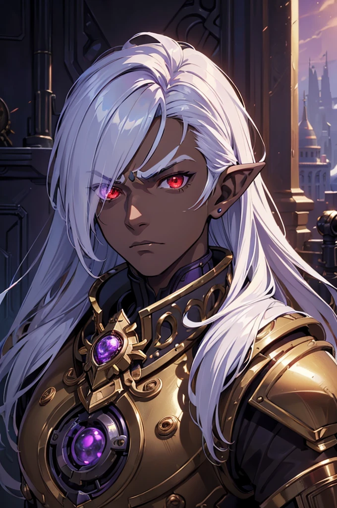 ((best quality)), ((masterpiece)), (detailed), ((boy)), ((mechanical armor)), (dungeonpunk),(steampunk), (serious), dark skinned, human, upper body, portrait, red eyes, long white hair, Xemnas from Kingdom Hearts, half-drow, pointy ears, serious face, dramatic lighting, purple hue, art by Kinema Citrus