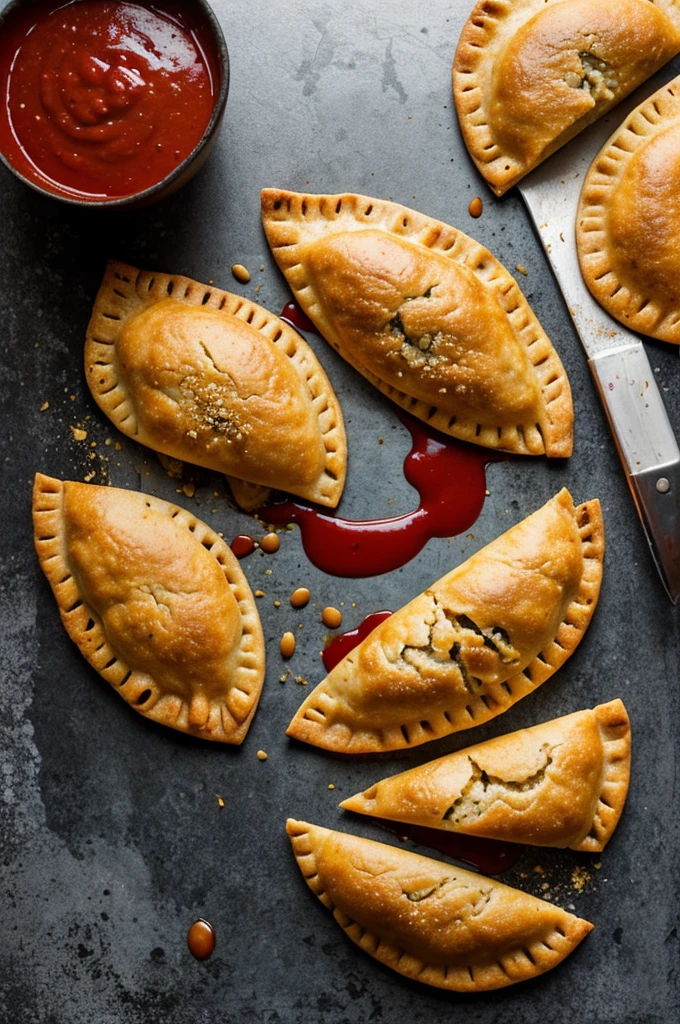 Make me an image that has an empanada bitten in the center, dripping sauce that looks very crunchy and very delicious, and behind the empanada that sticks more empanada and sauces around it, I want it to have good quality and that the held shovel has a blur on the back