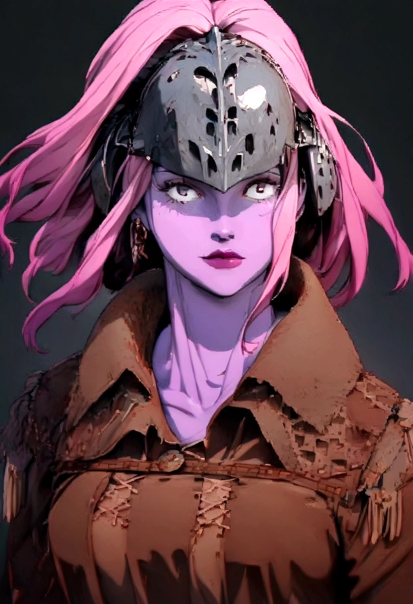 Girl with pink hair and pink skin, whole body, with trench coat, with helmet-shaped viscera, medieval style
