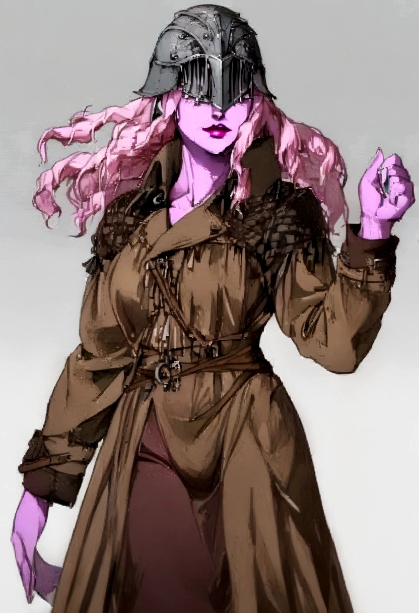 Girl with pink hair and pink skin, whole body, with trench coat, with helmet-shaped viscera, medieval style