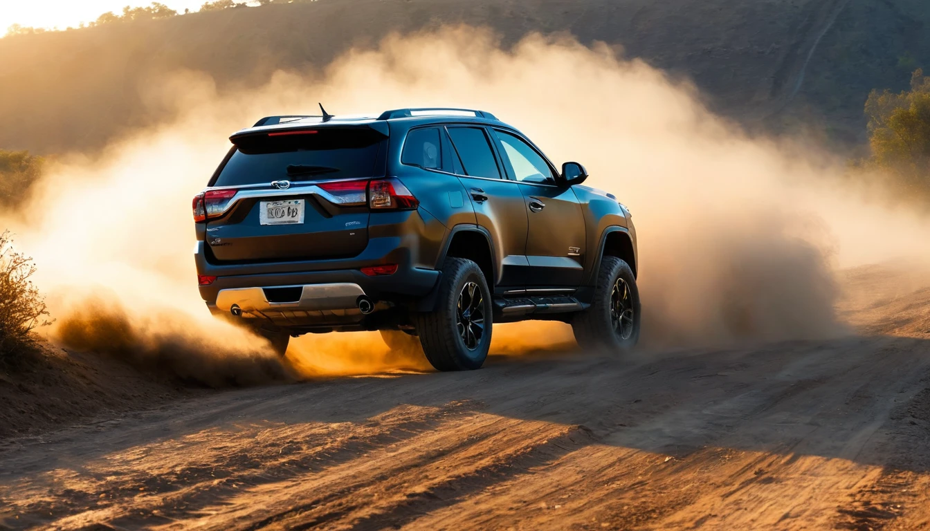 A black SUV is performing a dramatic maneuver on a dirt road, raising a cloud of dust around you. The lighting is low, suggesting late afternoon or early morning, with sunlight highlighting the vehicle&#39;s robust silhouette. No fundo, a backdrop of hills and desert vegetation adds an element of wildness and adventure. The car&#39;s front lights are on, highlighting the intense action and the sensation of speed. The atmosphere is electrifying, evoking a scene of chase or exploration across challenging, inhospitable terrain. hyper realistic composition,32k resolution,cinematic composition,cinematic color grading.photography whit Phaseone 85mm,depth of field.





