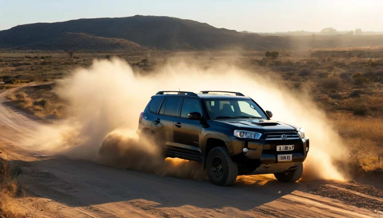 A black SUV is performing a dramatic maneuver on a dirt road, raising a cloud of dust around you. The lighting is low, suggesting late afternoon or early morning, with sunlight highlighting the vehicle&#39;s robust silhouette. No fundo, a backdrop of hills and desert vegetation adds an element of wildness and adventure. The car&#39;s front lights are on, highlighting the intense action and the sensation of speed. The atmosphere is electrifying, evoking a scene of chase or exploration across challenging, inhospitable terrain. hyper realistic composition,32k resolution,cinematic composition,cinematic color grading.photography whit Phaseone 85mm,depth of field.





