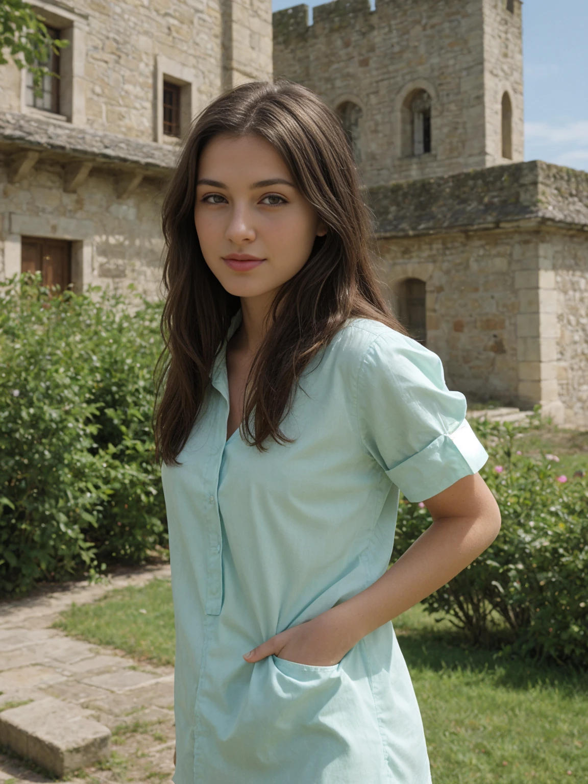 20 year old brunette, chemise verte foncée, medium tits, dehors, from front shot, castle