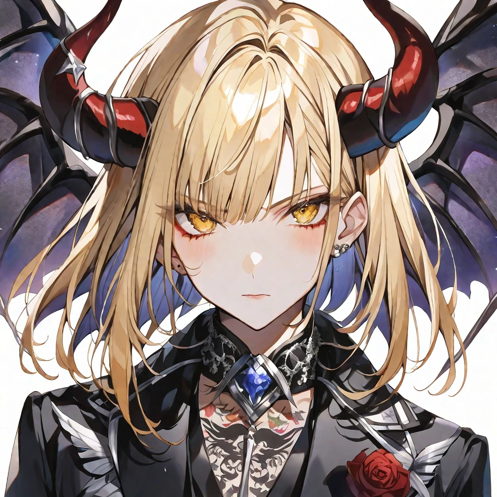 solo,handsome, Watercolor,
1. Female,
hime cut,Straight Hair,Bob Hair,
blonde hair, Nakano nino,
yellow Eyes,Black Rose Tattoo,butterfly Tattoo,
black suit, Devil's Horn, Devil's Feather,
skin,Silver Accessories,Prince,Face up,icon,
White background,