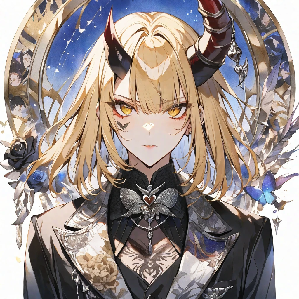 solo,handsome, Watercolor,
1. Female,
hime cut,Straight Hair,Bob Hair, 
blonde hair, Nakano nino,
yellow Eyes,Black Rose Tattoo,butterfly Tattoo,
black suit, Devil's Horn, Devil's Feather,
skin,Silver Accessories,Prince,Face up,icon,
White background,