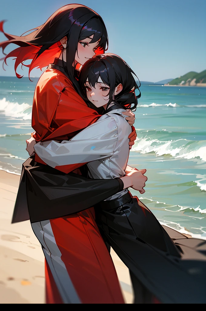black-haired man and a red-haired woman hugging their son in front of the sea on a road with a drift nissan silvia s15