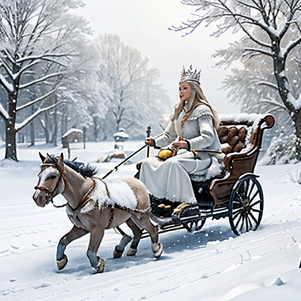 The Snow Queen, an illustration from Andersen's fairy tale. The snow queen rides a sleigh with Kai