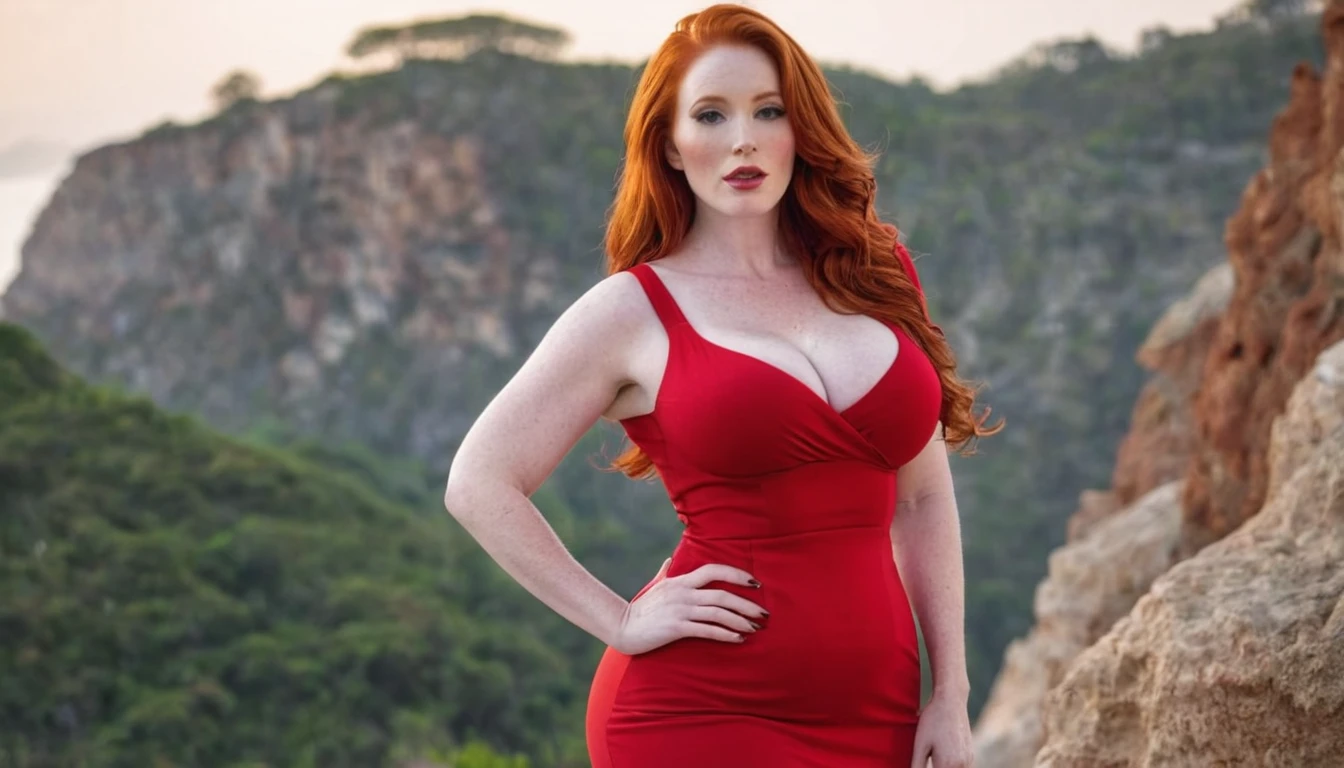redhead woman, white skin, split chin, giant breasts, big hips, marked abdomen, sexy red dress with a large neckline, anatomical body,