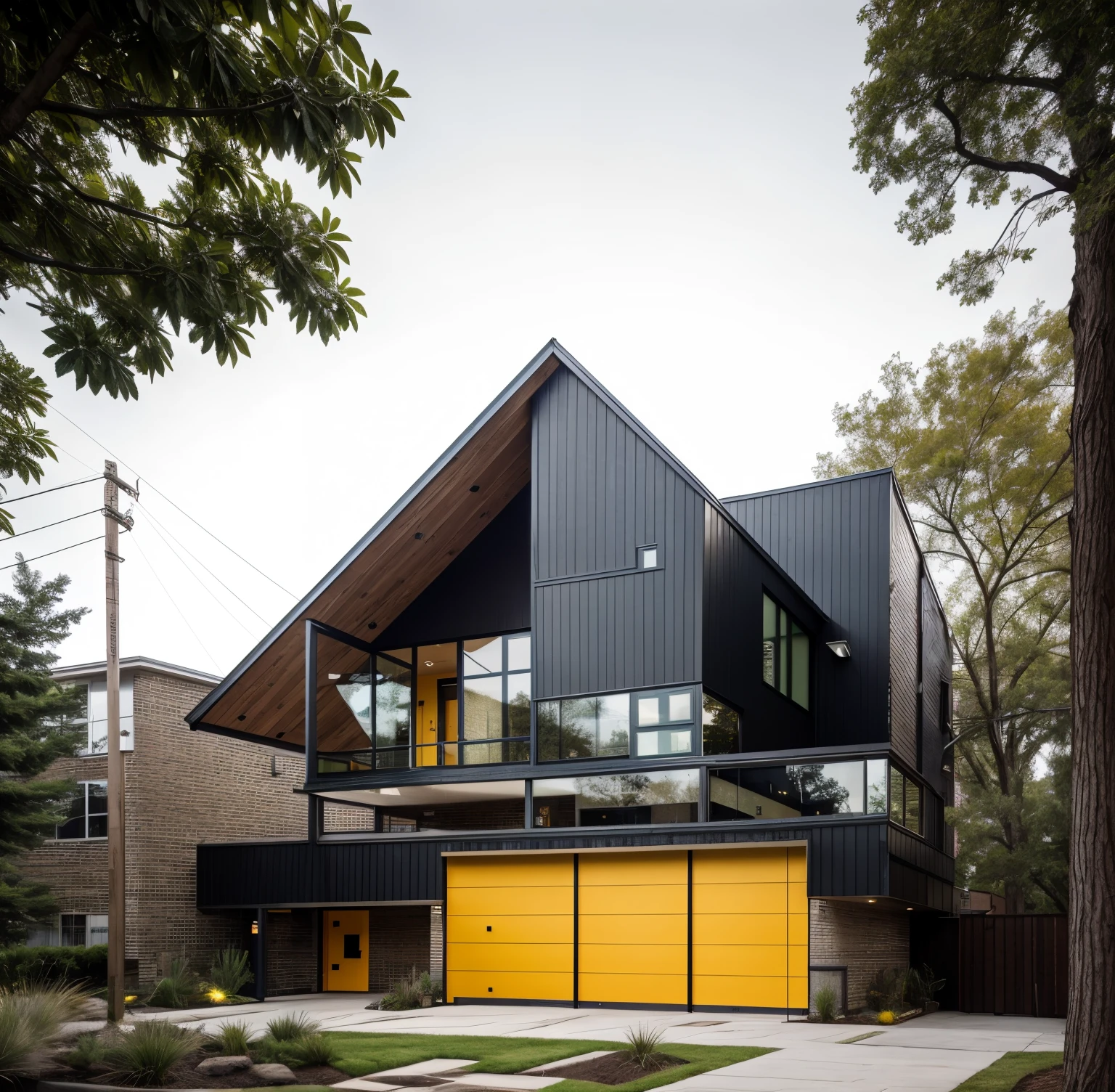 house exterior industry style, dark yellow and green color scheme, like an oldtime industry factory,raw materials, exposed structural elements, and simple, clean lines,rough-hewn steel, polished concrete, glass, and exposured brick,