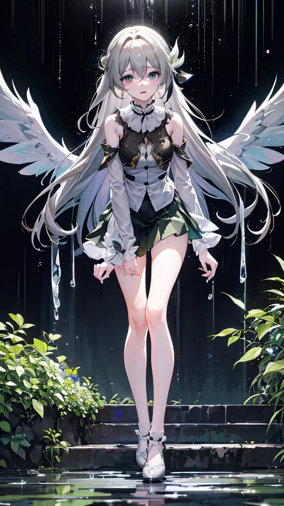 Best image quality， masterpiece， Ultra-high resolution， （Honesty：1.4）， Light Solution， 1 girl，[（Grief）]，White shirt， Dark， dark， despair， mercy， Lovely， light， Tears， teardrop， （The clothes are torn：1.5）， （Wet clothes：1.4）， Expose bare shoulders，Black pleated skirt， Real rain， Wet hair,..Open span，Legs open，Open your thighs，Separate sleeves，Put your hands behind your back，Squatting on the ground，打Open span度，Legs open，Open your thighs，